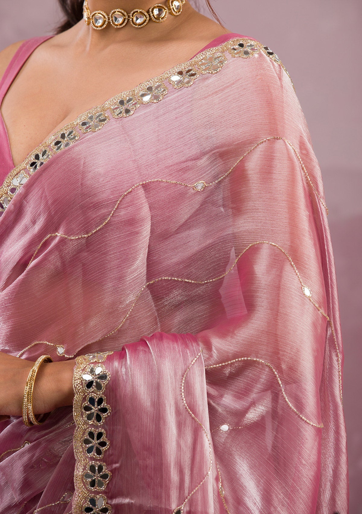 Onion Pink Mirrorwork Tissue Saree