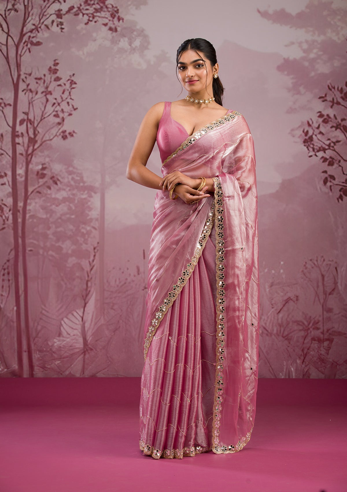 Onion Pink Mirrorwork Tissue Saree