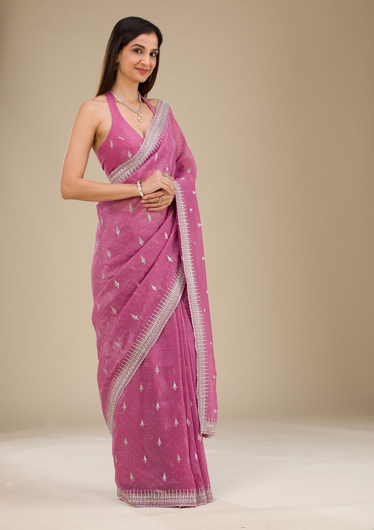 Onion Pink Zariwork Tissue Saree