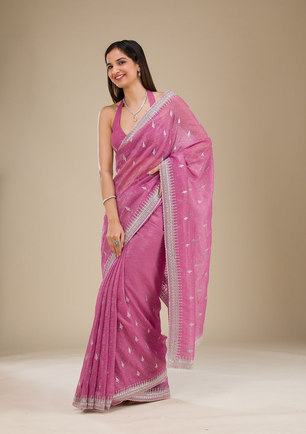 Onion Pink Zariwork Tissue Saree