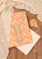 Orange Printed Chanderi Unstitched Salwar Suit