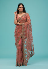 Peach Zariwork Net Saree