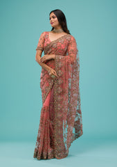 Peach Zariwork Net Saree