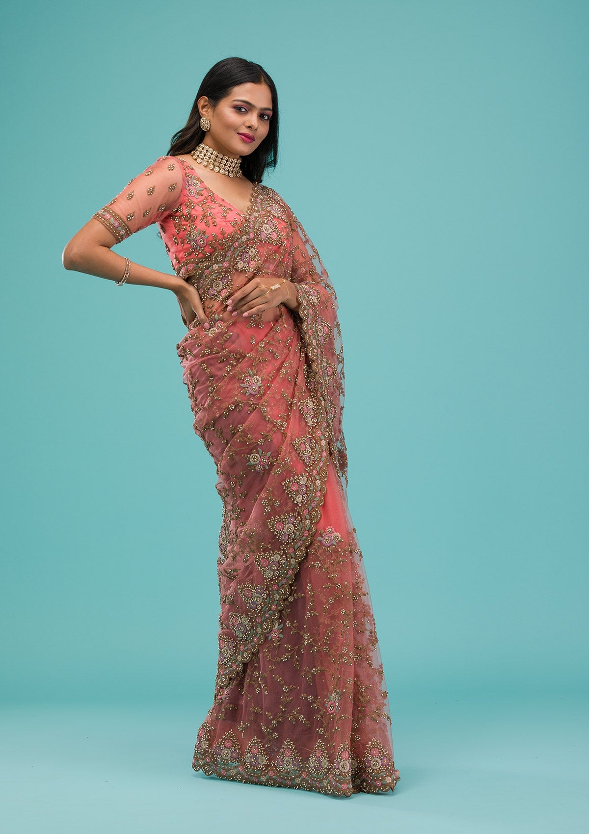 Peach Zariwork Net Saree
