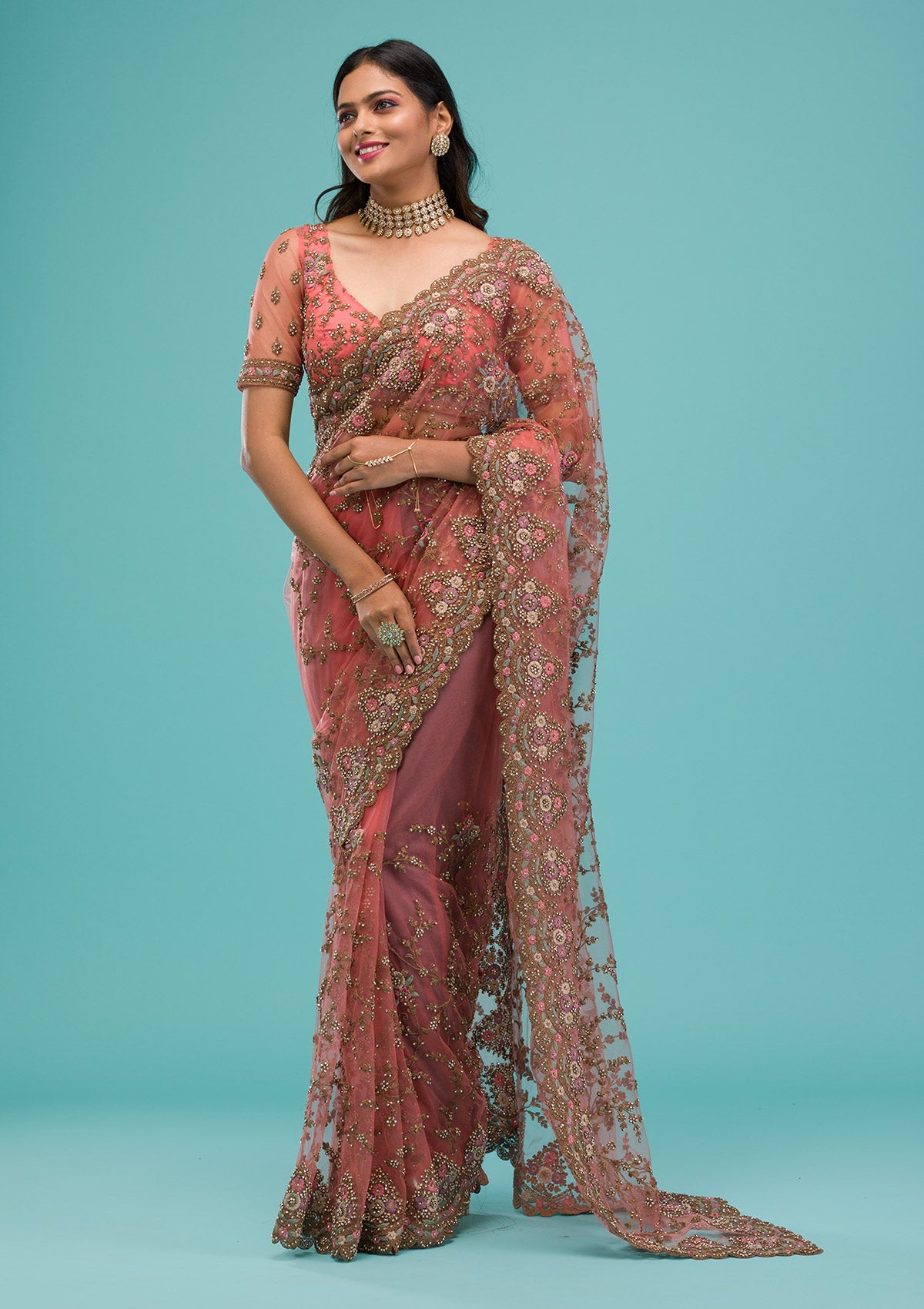 Peach Zariwork Net Saree