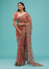 Peach Zariwork Net Saree