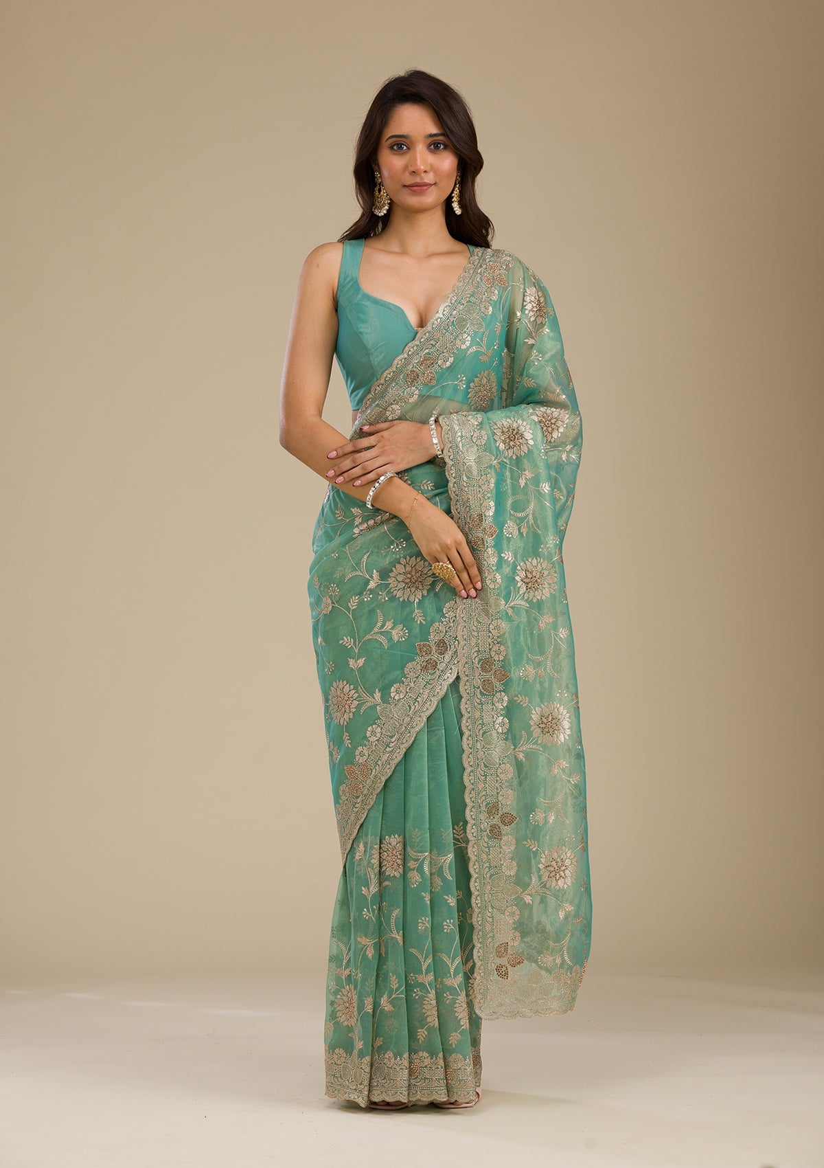 Sea Green Zariwork Tissue Saree