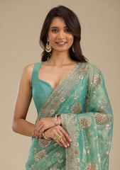 Sea Green Zariwork Tissue Saree
