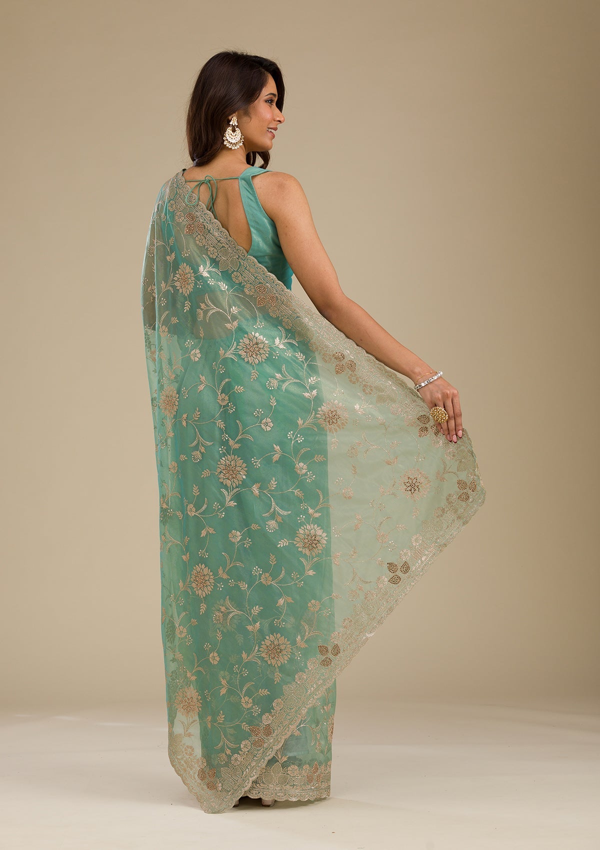 Sea Green Zariwork Tissue Saree