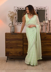 Pista Green Sequins Chiffon Designer Saree