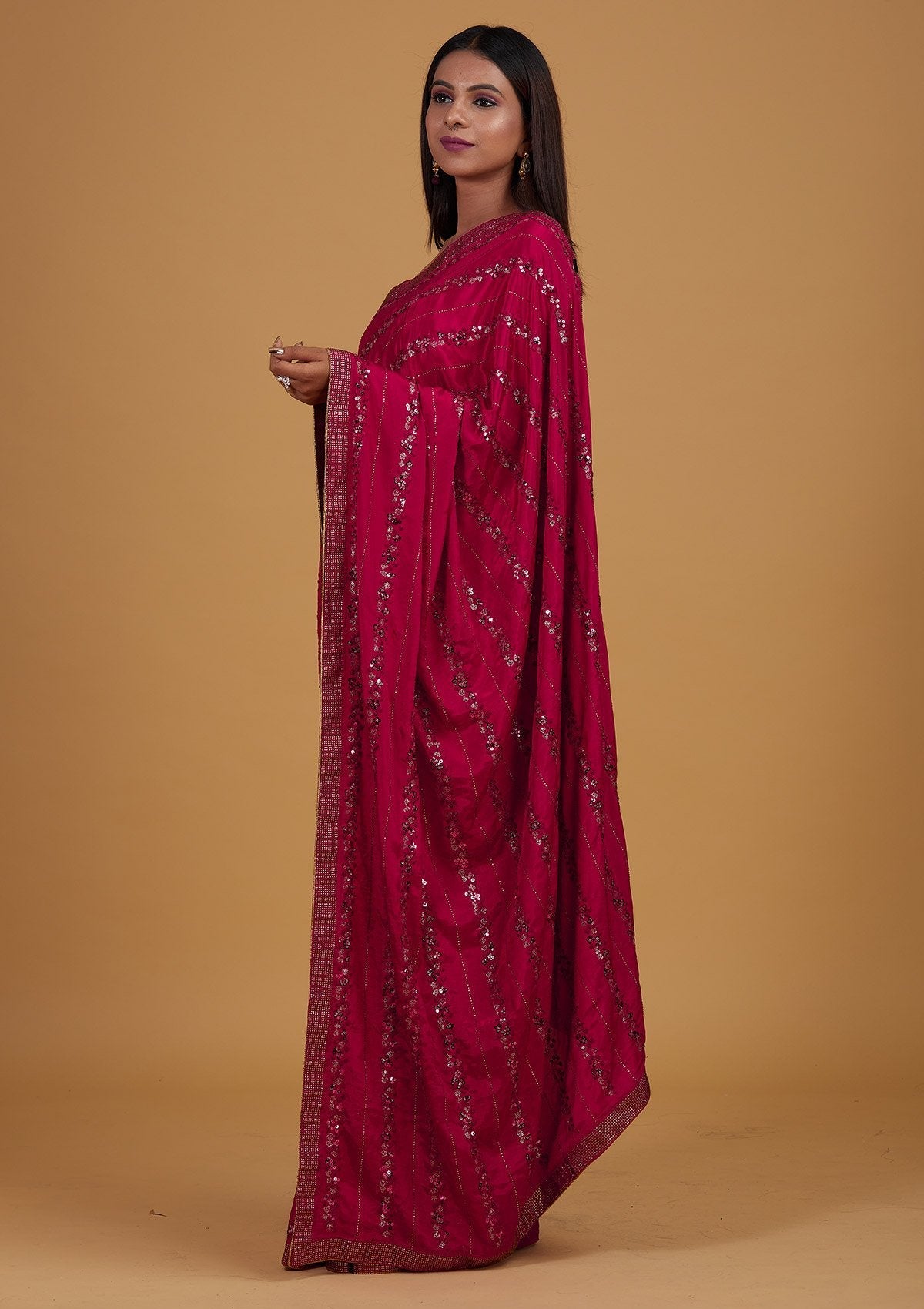 Rani Pink Swarovski Semi Crepe Designer Saree