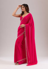 Rani Pink Stonework Semi Crepe Saree