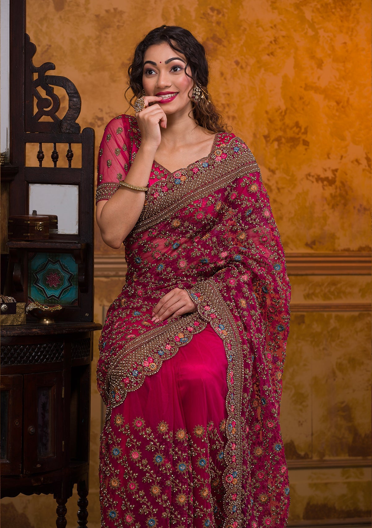 Rani Pink Zariwork Net Saree