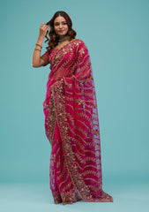 Rani Pink Zariwork Net Saree