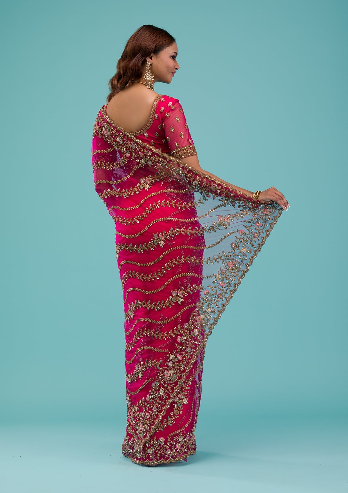 Rani Pink Zariwork Net Saree