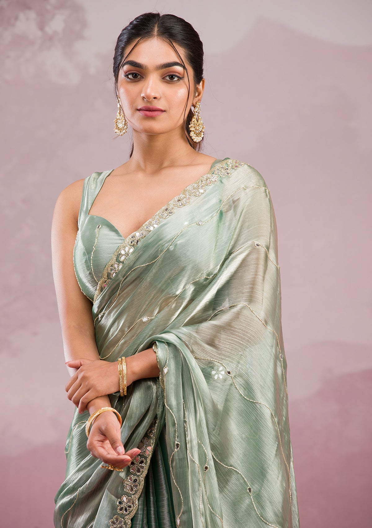 Sea Green Mirrorwork Georgette Saree