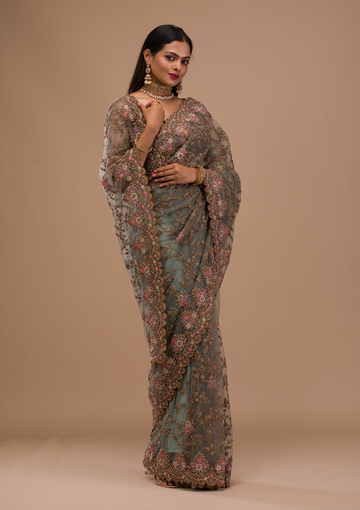 Sea Green Zariwork Net Saree