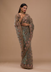 Sea Green Zariwork Net Saree