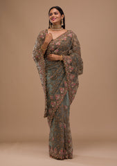 Sea Green Zariwork Net Saree