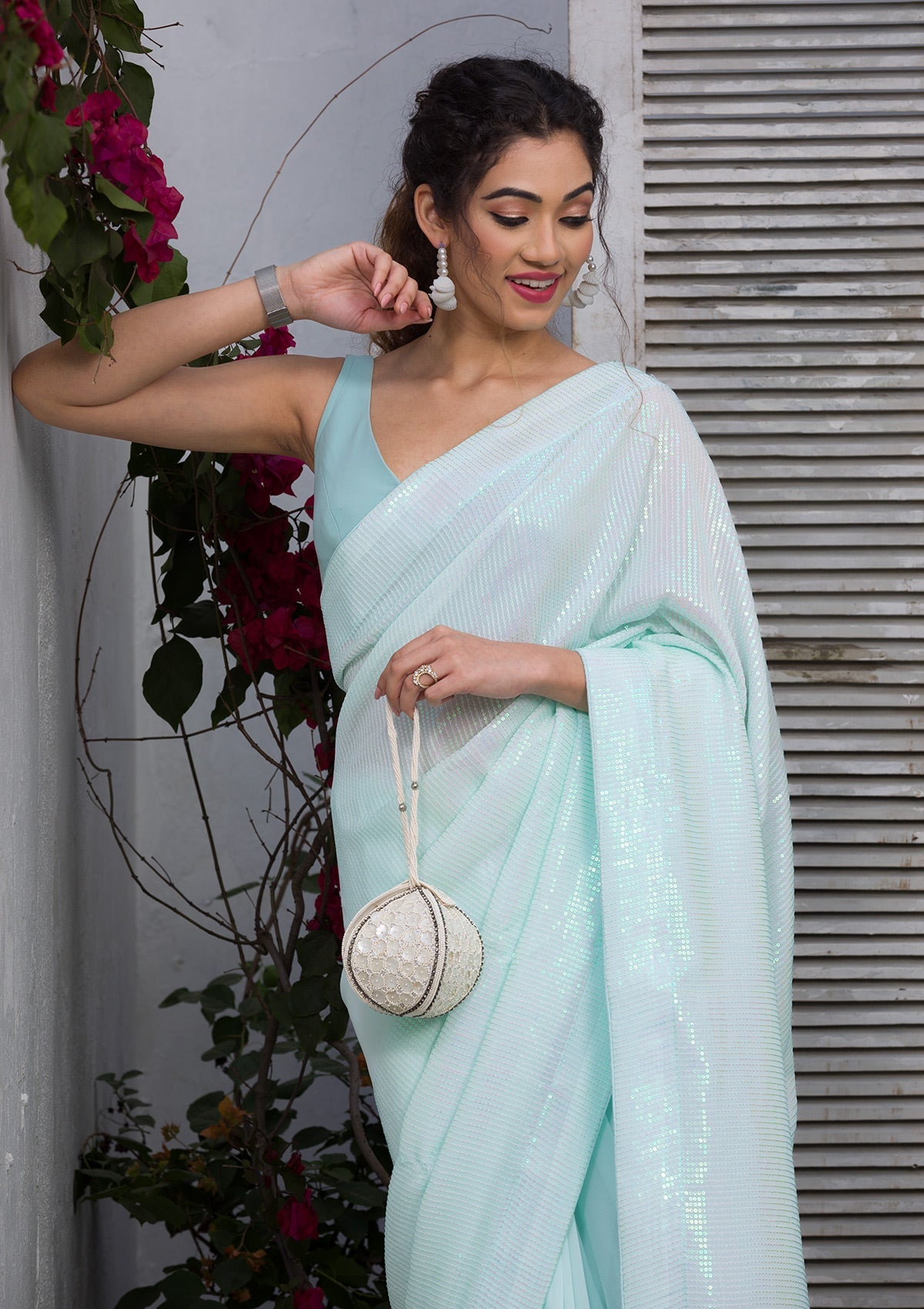 Sky Blue Sequins Georgette Designer Saree