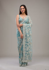 Turquoise Blue Zariwork Tissue Saree