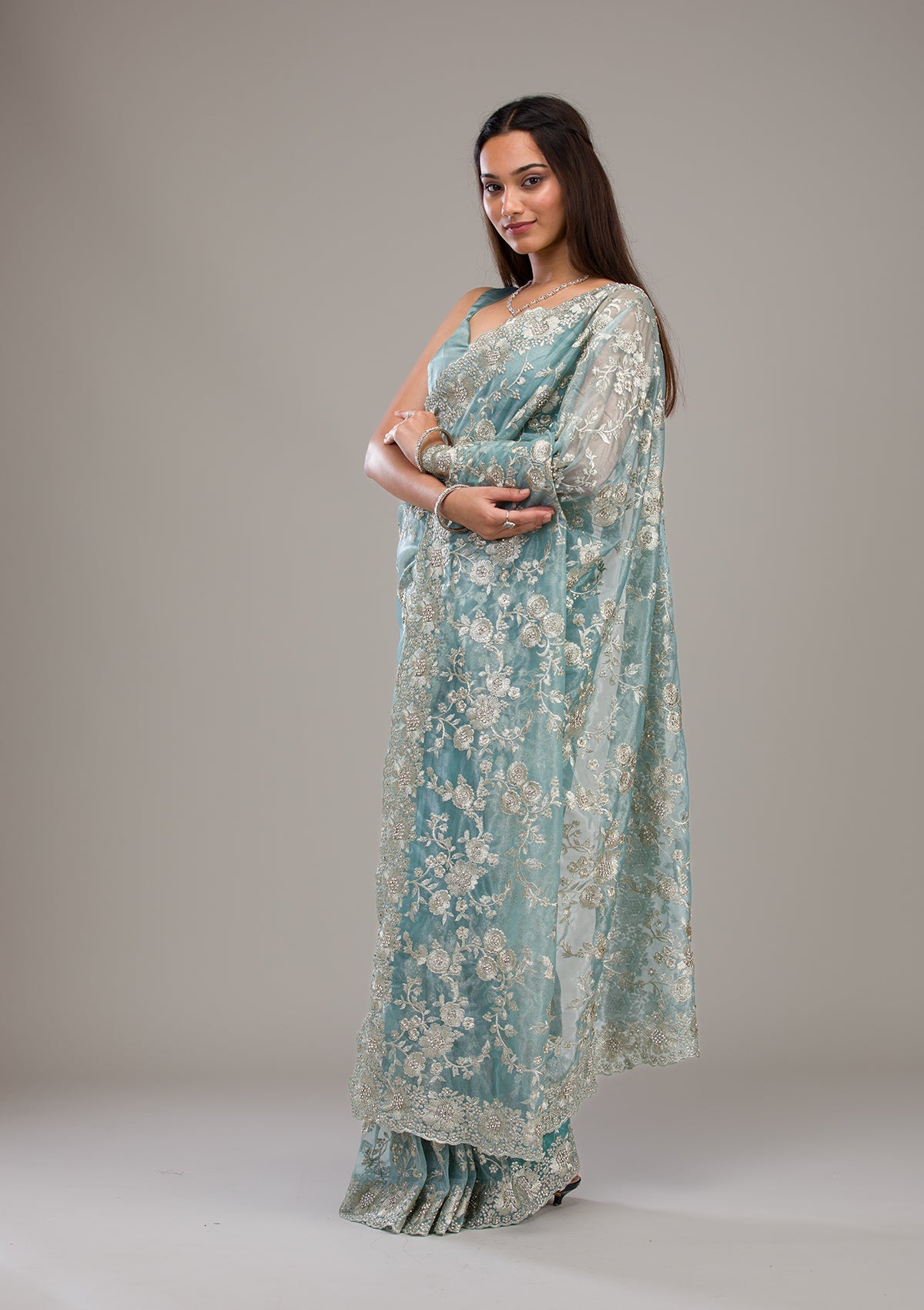 Turquoise Blue Zariwork Tissue Saree