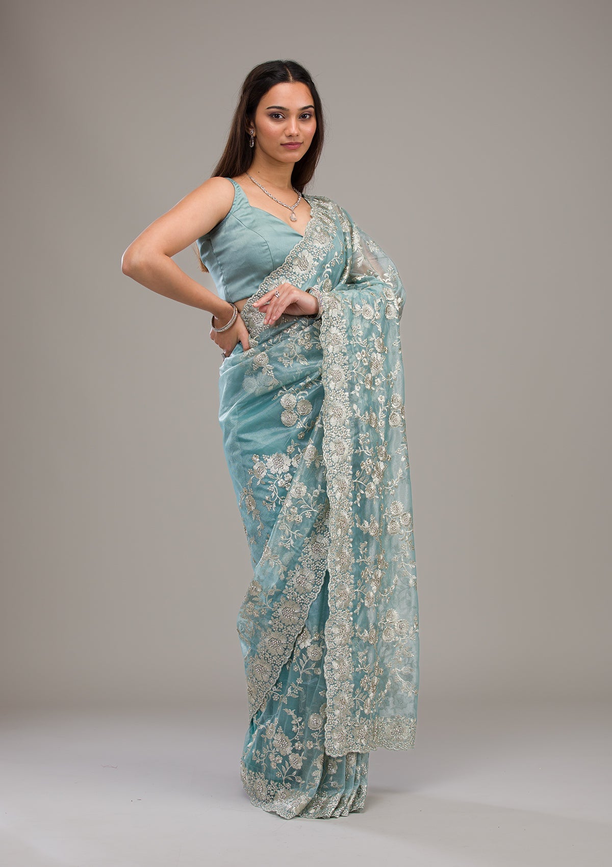 Turquoise Blue Zariwork Tissue Saree