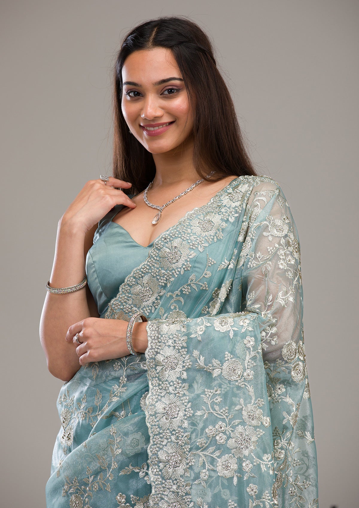 Turquoise Blue Zariwork Tissue Saree
