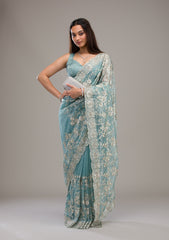 Turquoise Blue Zariwork Tissue Saree