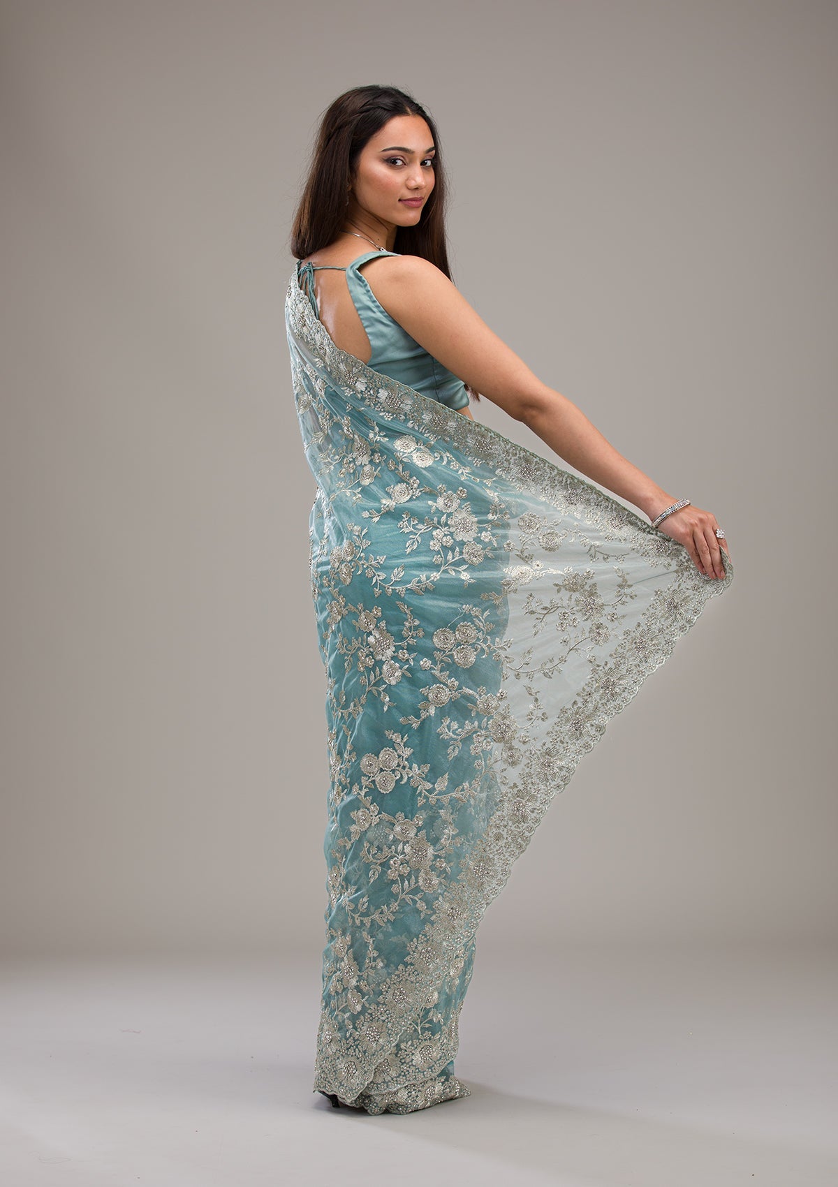 Turquoise Blue Zariwork Tissue Saree
