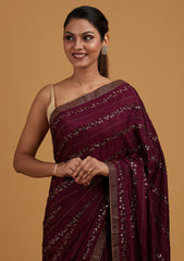Wine Swarovski Semi Crepe Designer Saree
