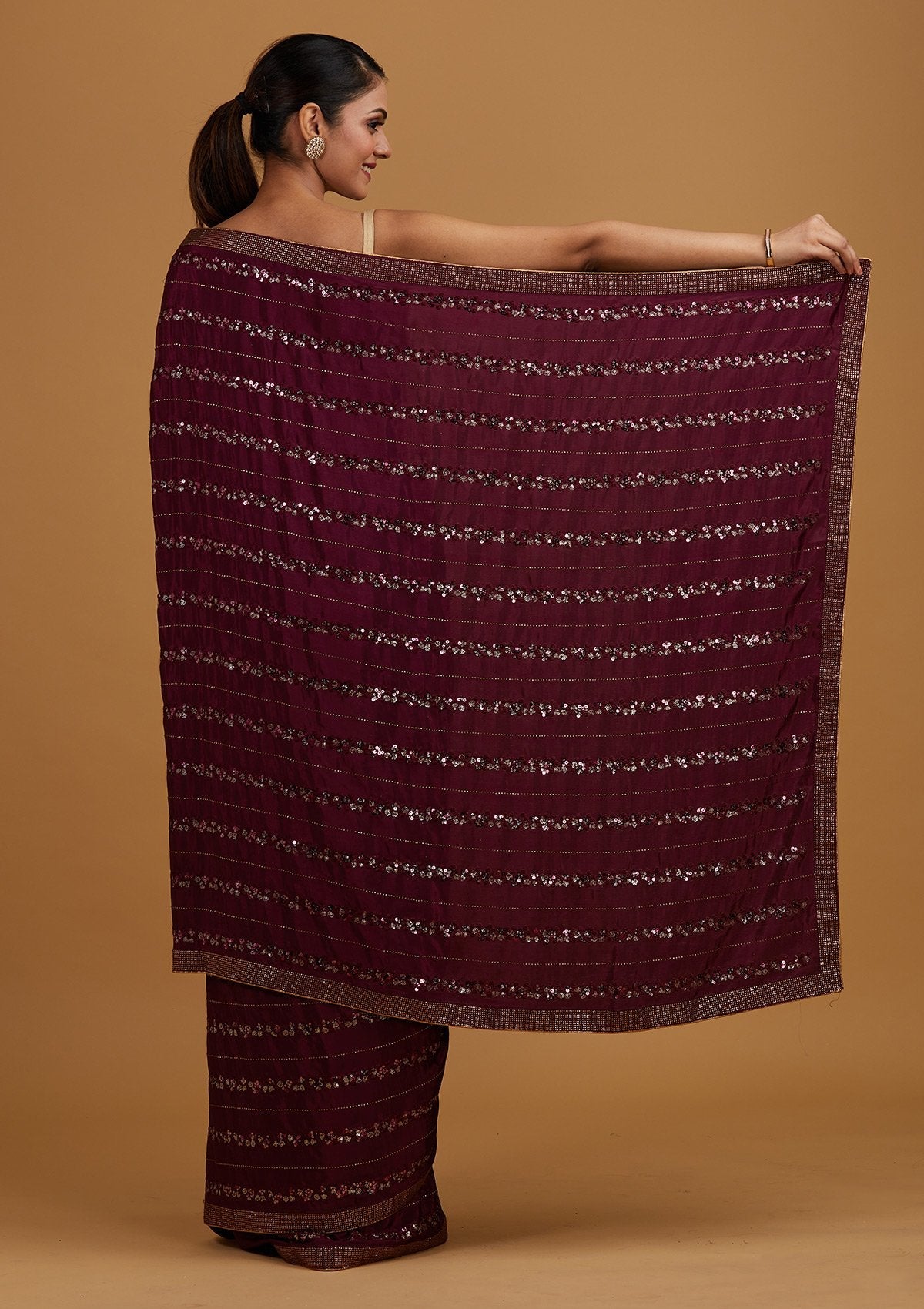 Wine Swarovski Semi Crepe Designer Saree