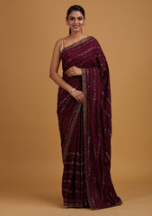 Wine Swarovski Semi Crepe Designer Saree
