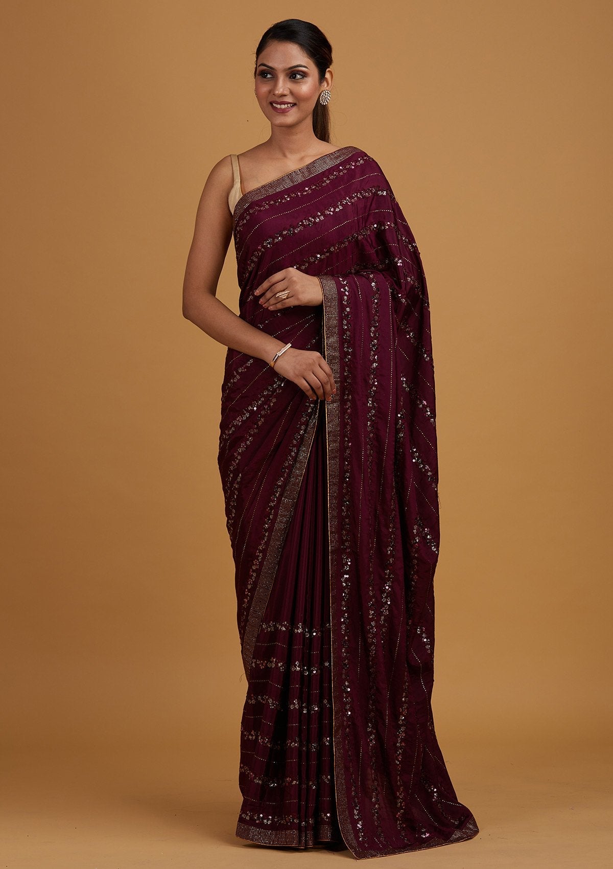 Wine Swarovski Semi Crepe Designer Saree