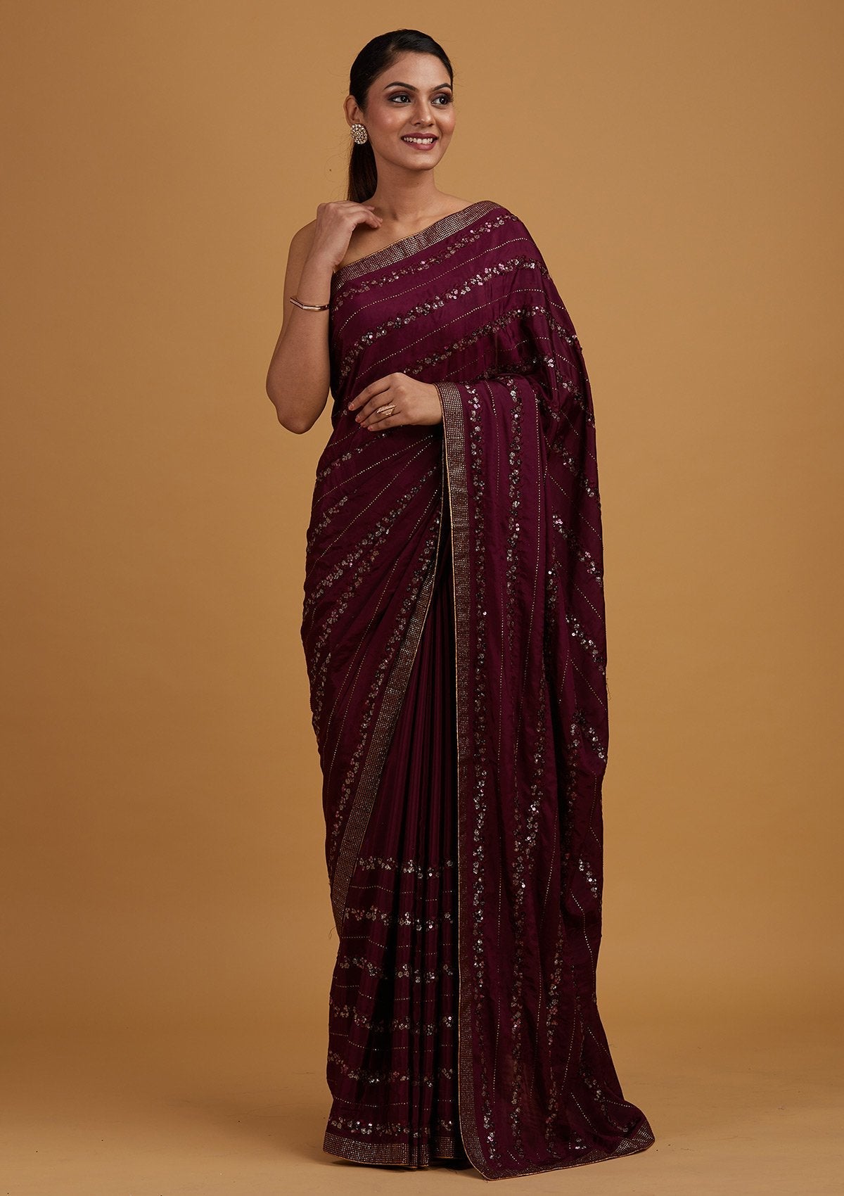 Wine Swarovski Semi Crepe Designer Saree