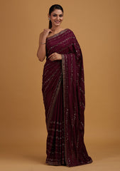 Wine Swarovski Semi Crepe Designer Saree