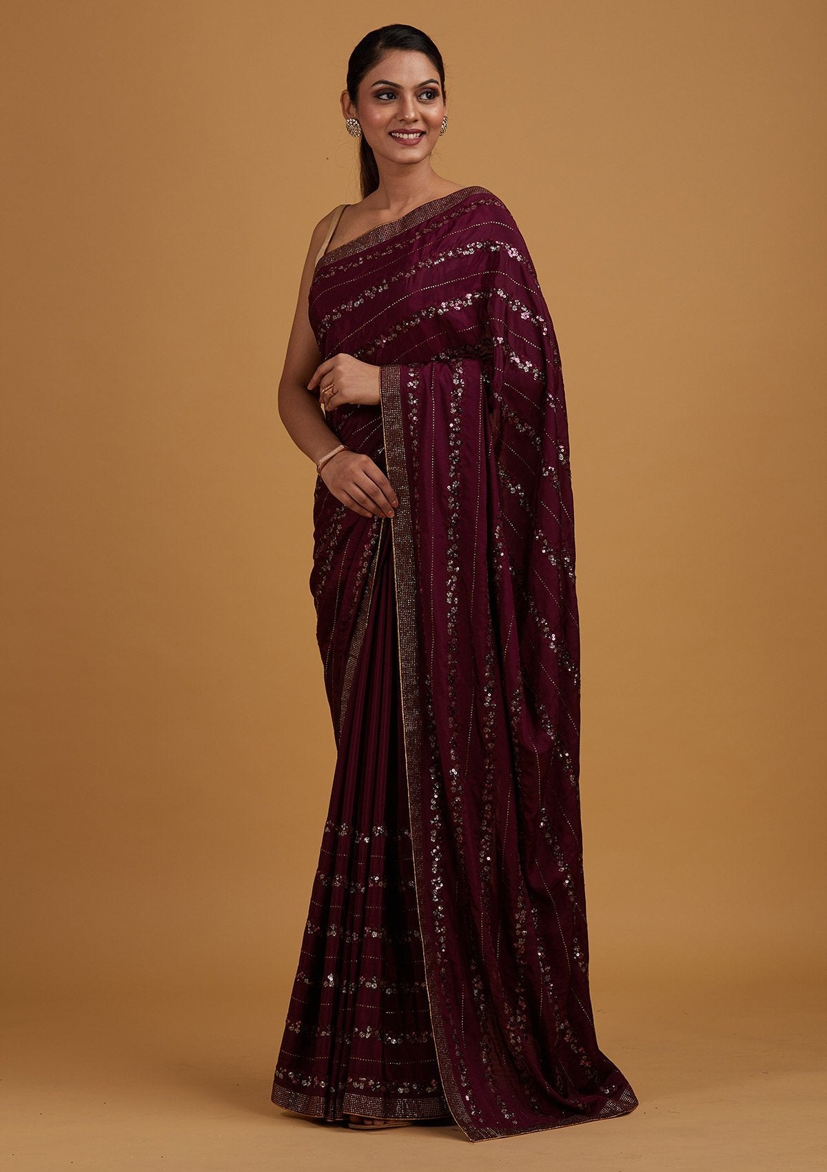 Wine Swarovski Semi Crepe Designer Saree