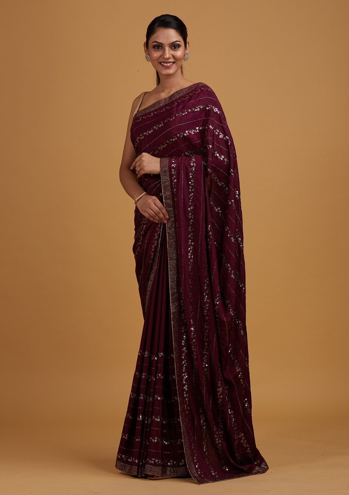 Wine Swarovski Semi Crepe Designer Saree
