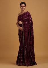 Wine Swarovski Semi Crepe Designer Saree