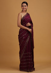 Wine Swarovski Semi Crepe Designer Saree