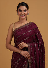 Wine Swarovski Semi Crepe Designer Saree