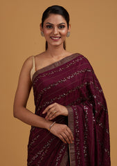 Wine Swarovski Semi Crepe Designer Saree