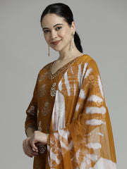 Brown Ethnic Motif Printed Pure Cotton Suit Set