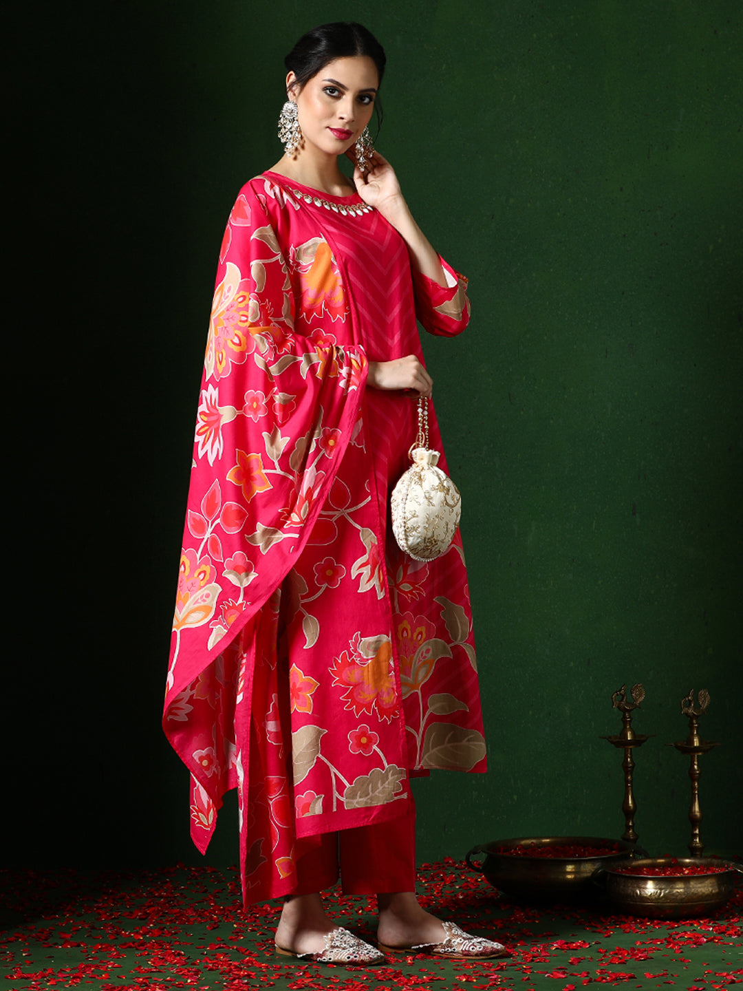 Floral Embroidered A-Line Pure Cotton Kurta & Trousers Sets