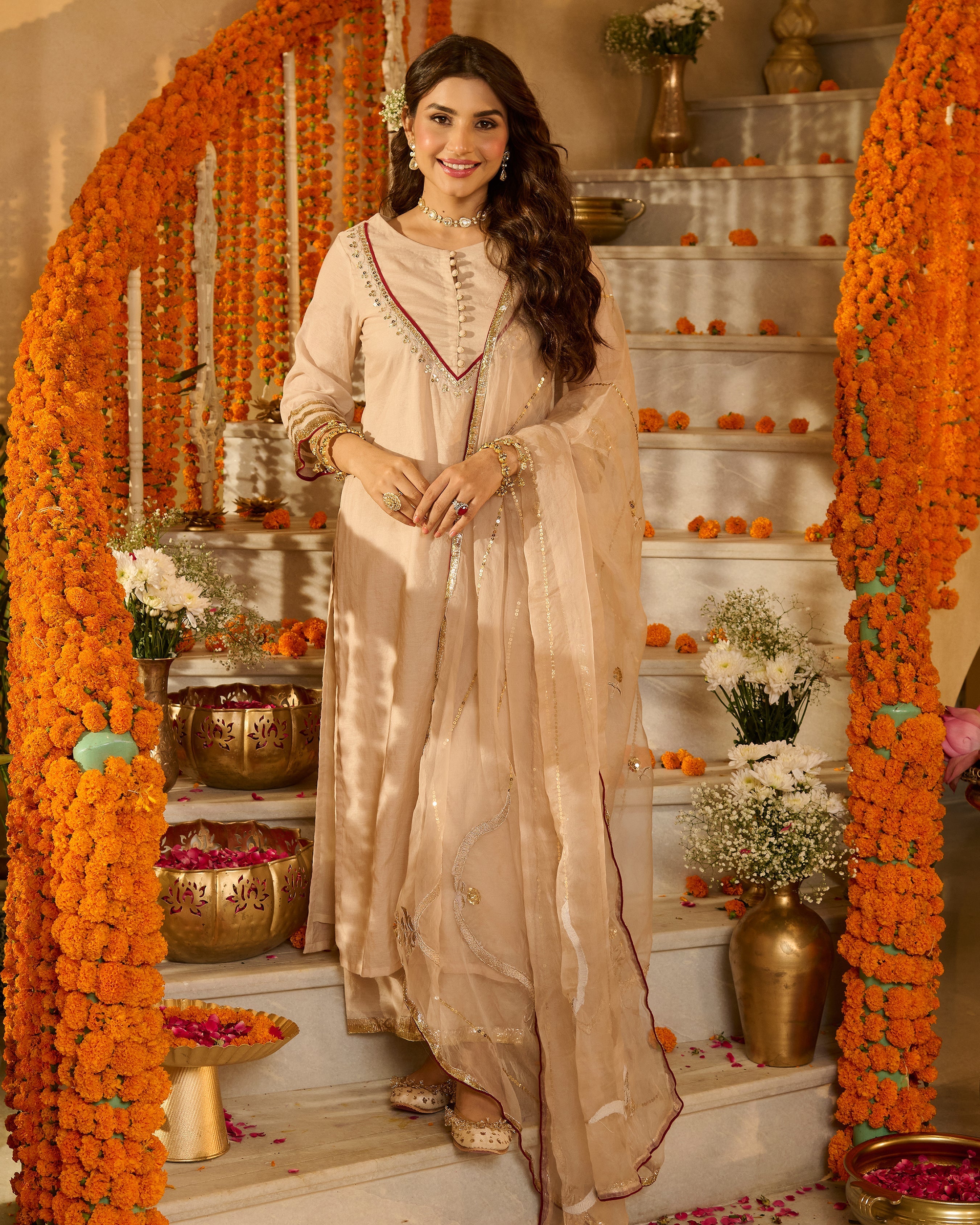 Aarush Beige Solid Chanderi Suit Set