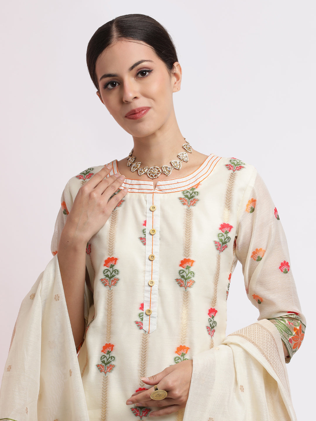 Off White Embroidered Chanderi Cotton Kurta Set With Dupatta