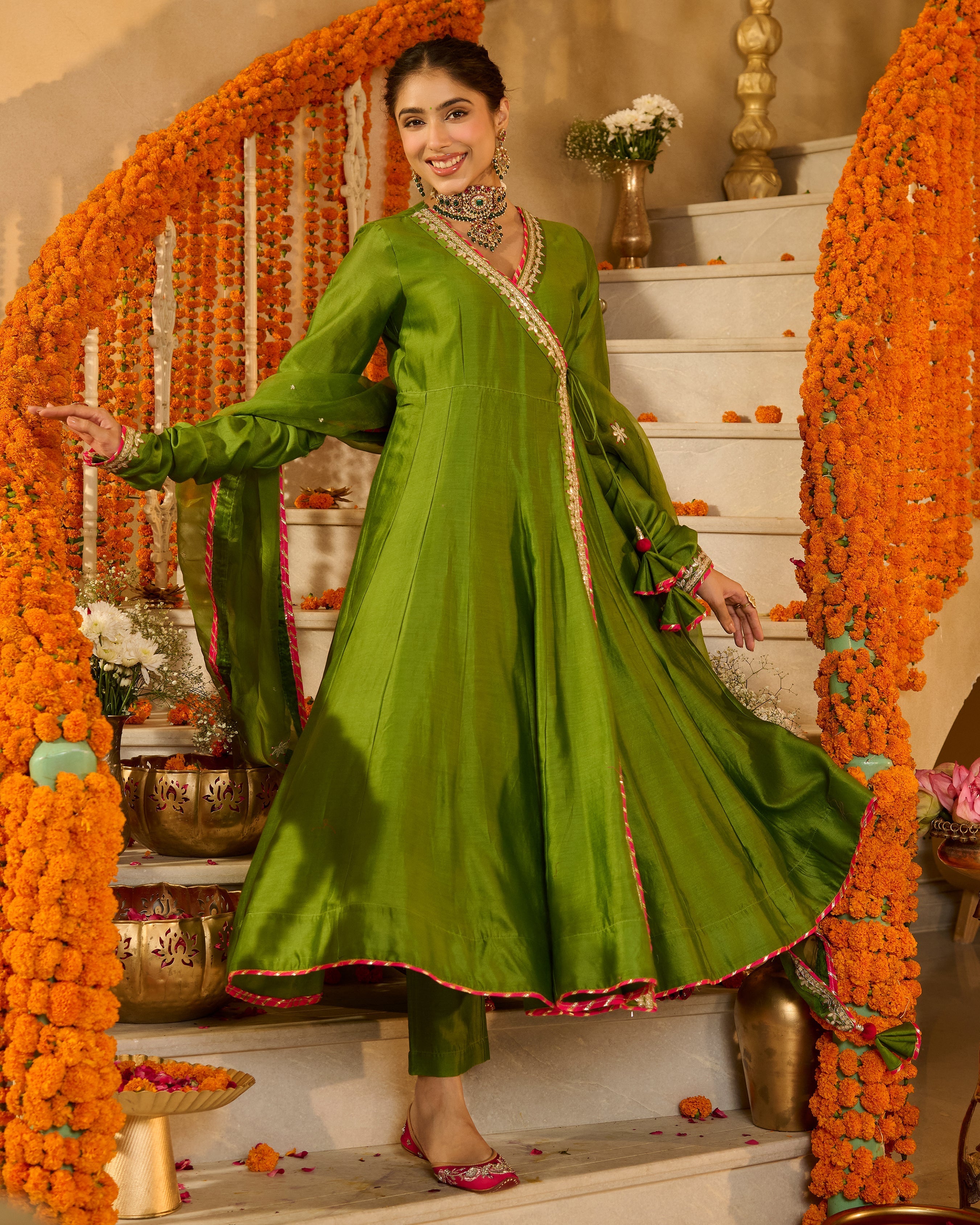 Anandi Green Solid Chanderi Suit Set