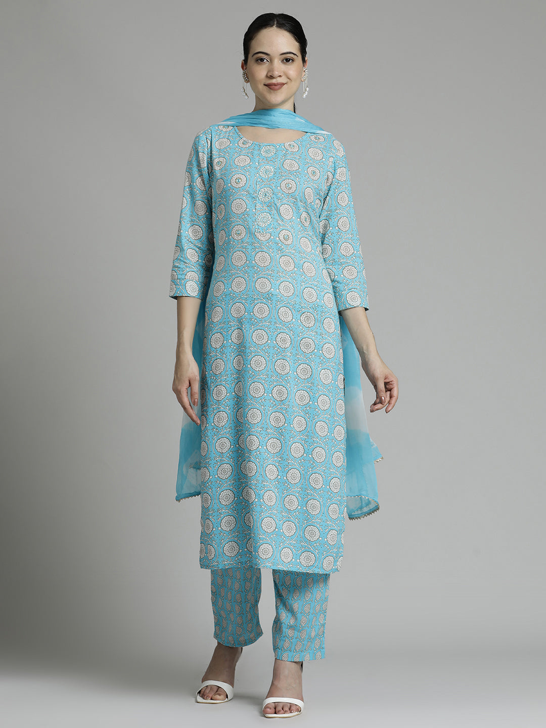 Floral Printed Pure Cotton Kurta Set With Dupatta