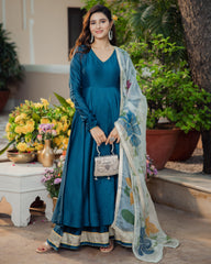 Neelkamal Teal Blue Handpainted Chanderi Suit Set