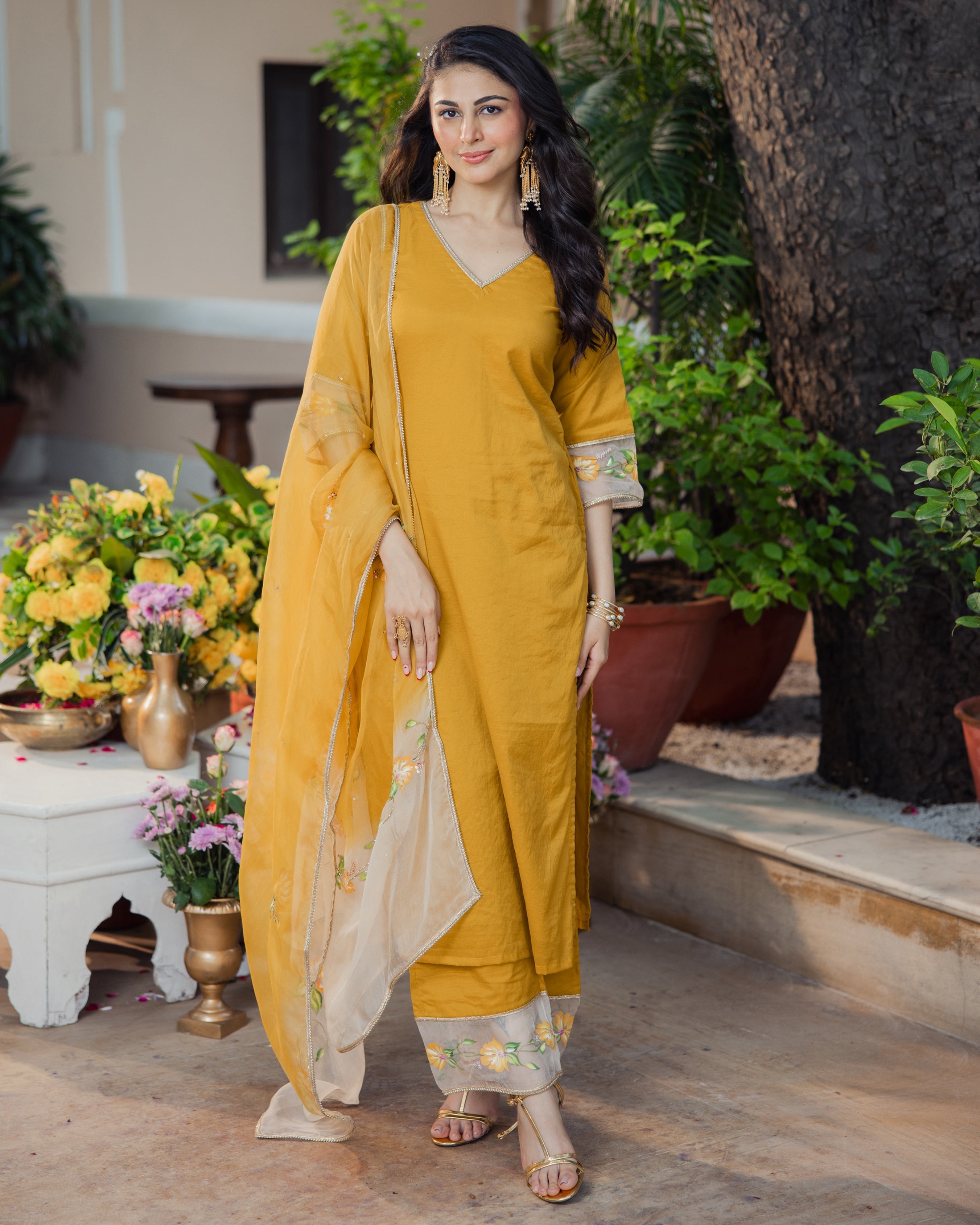 Kadamb Mustard Handpainted Chanderi Suit Set
